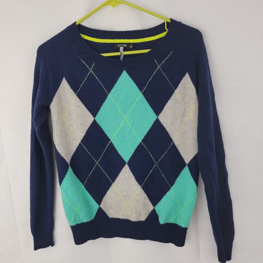 APT 9 Womens Sweater Sz S Cashmere Argyle Navy BLUE Preppy Tennis Academia 90s